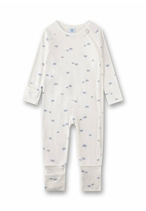 Weißer Langarm-Overall aus weichem Stoff, mit einem hellblauen Elefantenmuster und Druckknöpfen an den Schultern und Beinabschlüssen.