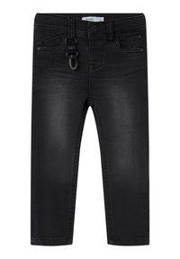 Mustat farkut slim fit -mallia, joissa on viisi taskua, vyölenkit ja lukituskiinnitys yksityiskohtana vyötäröllä. Silkkinen pinta ja tumma pesu.
