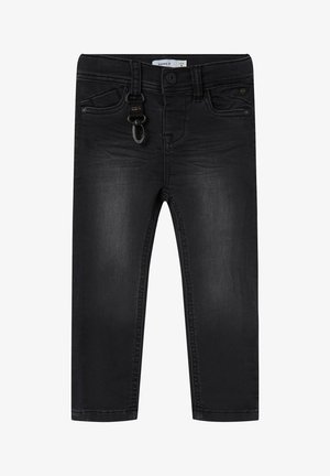 Svart denimbukse med slim fit, med fem lommer, beltehemper og en løkkedetalj i metall i livet. Glatt tekstur og mørk vask.