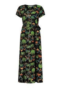 Svart maxiklänning med ett tropiskt mönster av gröna palmblad och orange blommor. Kort ärm, knapprad framtill och knytband i midjan.