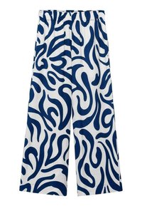 Wide-leg pants in white cotton fabric featuring bold blue abstract swirls. Elasticated waistband and relaxed fit for comfort.