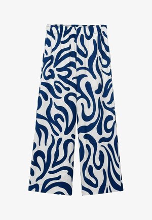 Weite Hosen aus weißem Baumwollstoff mit auffälligen blauen abstrakten Wirbeln. Elastischer Bund und lockere Passform für zusätzlichen Komfort.