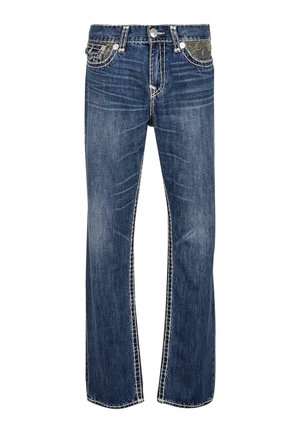 Denim jeans in dark blue, featuring a straight-leg cut, white stitching, and detailed pocket accents. Classic five-pocket design.