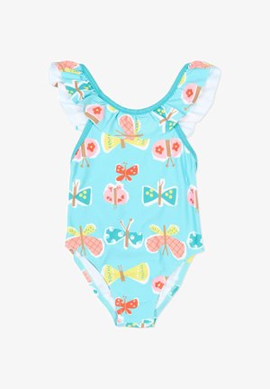 Costume da bagno blu per bambini con stampe di farfalle multicolore e rifiniture arricciate bianche sulle spalline.
