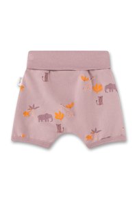 Helle lila Baumwollshorts mit Tier- und Pflanzenmustern in Orange und Lila. Elastischer Bund, weiche Textur und lockere Passform.