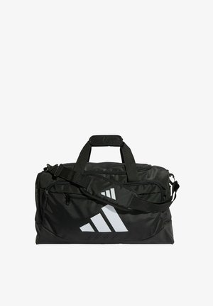 Black duffel bag with a textured finish, featuring a white diagonal stripe logo, dual handles, and an adjustable shoulder strap.