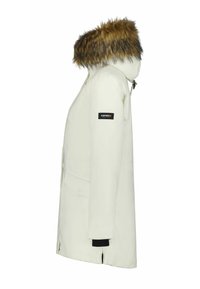 Giacca esterna bianca con cappuccio foderato in pelliccia sintetica, maniche lunghe, tasche con cerniera e polsini elasticizzati. Texture liscia e forma sartoriale.