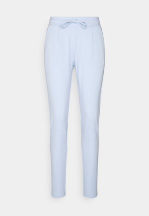 Lichtblauwe stretchbroek met een tailleband met trekkoord, slanke pasvorm en plooien aan de zijkant; gladde textuur en enkellengte ontwerp.