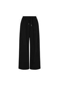 Zwarte wijde broek van zacht materiaal, met een trekkoord in de taille en een ontspannen pasvorm, die de nadruk legt op een eenvoudig ontwerp en comfort.