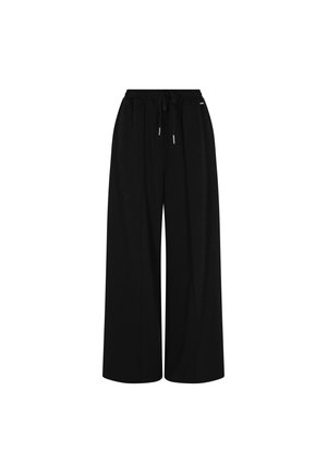 Pantaloni negri cu talie largă, confecționați dintr-un material moale, având un cordon la talie și o croială lejeră, punând accent pe un design simplu și confort.