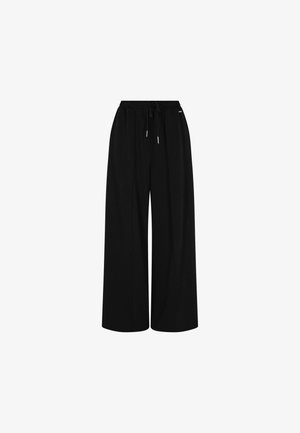 Schwarze weite Hosen aus weichem Stoff, mit einem Kordelzugbund und einer lockeren Passform, die unkompliziertes Design und Komfort betonen.