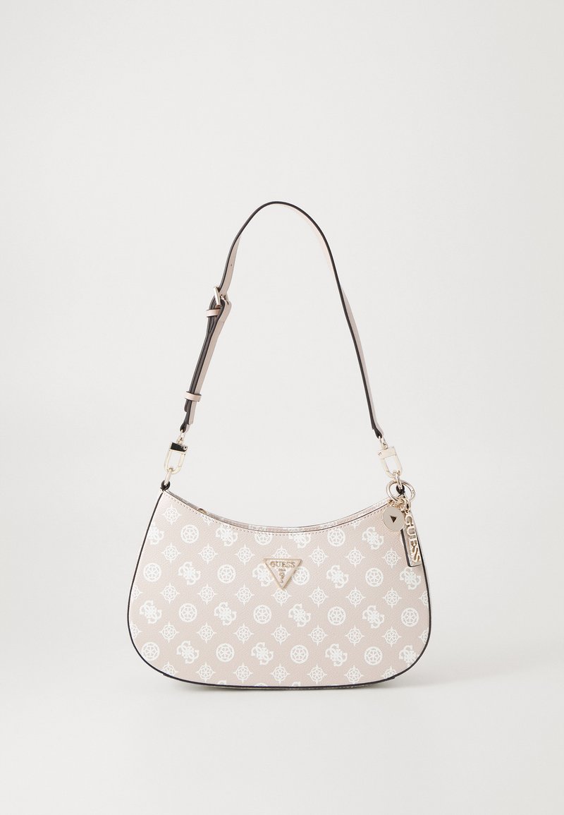 Τσάντα hobo με εξωτερική επένδυση σε μπεζ μοτίβο, μαύρες λεπτομέρειες, ρυθμιζόμενο λουράκι ώμου και χρυσό λογότυπο μπροστά. Μαλακό συνθετικό υλικό.