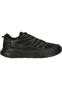 Schwarzer Sportschuh mit Obermaterial aus Mesh und Synthetik, strukturierten Akzenten, abgerundetem Zehenbereich und einer gepolsterten Sohle für Komfort.