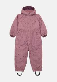 Mono de nieve acolchado rosa con un estampado floral, botones a presión, puños elásticos y correas para los pies ajustables. Incluye una capucha con un forro en contraste.