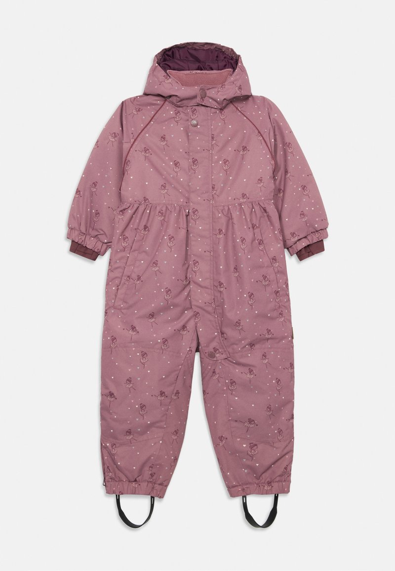 Mono de nieve acolchado rosa con un estampado floral, botones a presión, puños elásticos y correas para los pies ajustables. Incluye una capucha con un forro en contraste.
