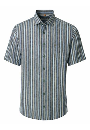 Chemise à manches courtes boutonnée avec des rayures verticales bleues, grises et beiges et une poche poitrine devant avec un petit logo.