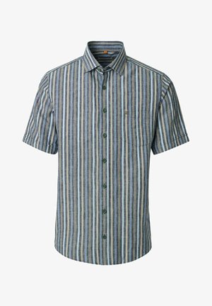 Kortærmet skjorte med knapper, med lodrette blå, grå og beige striber og en brystlomme foran med lille logo.