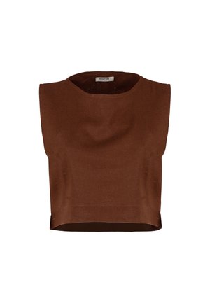 Top corto marrone senza maniche con scollatura rotonda, realizzato in tessuto strutturato, con una piccola etichetta interna.