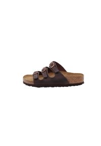 Sandalo in pelle marrone con tre fibbie regolabili, plantare in sughero e suola testurizzata. Presenta un profilo piatto e un design aperto.