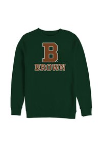 Felpa verde scuro con scollatura a girocollo. Presenta una grande "B" marrone e la scritta "BROWN" in grassetto sulla parte anteriore. Tessuto morbido.