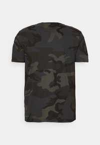 Black and gray camouflage t-shirt, short sleeves, round neckline, made from soft cotton material, featuring a textured, patterned design.