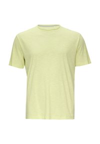 Helles gelbes T-Shirt mit kurzen Ärmeln aus weichem Stoff. Verfügt über einen runden Ausschnitt und ein dezentes Logo auf der Brust. Sauberes und einfaches Design.