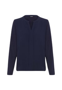 Blusa a maniche lunghe blu navy con scollatura a V senza colletto, dettaglio della piega frontale e una texture liscia, realizzata in tessuto morbido.