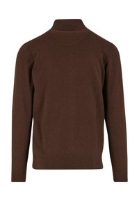 Brauner, langärmliger gestrickter Pullover mit hohem Kragen sowie gerippten Bündchen und Saum, von der Rückseite auf einem weißen Hintergrund gezeigt.