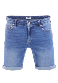 Shorts en jean de couleur bleu clair avec une finition délavée. Dispose de cinq poches, de revers roulés et d'une fermeture par bouton à l'avant. Fabriqué en tissu mélangé de coton.