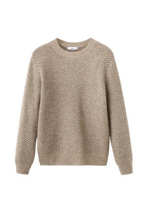 Suéter beige de punto con patrón espiga, cuello redondo, puños y dobladillo acanalados, hecho de un material suave y texturizado.