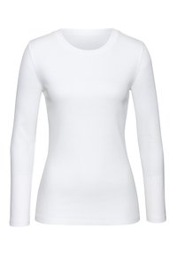 Weißes Langarm-T-Shirt aus geripptem Baumwollstoff. Verfügt über einen runden Halsausschnitt und eine figurbetonte Passform. Keine Muster oder Akzente vorhanden.
