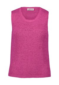 Haut sans manches en maille rose vif, avec un col rond, un tissu texturé et une coupe droite à l'ourlet.