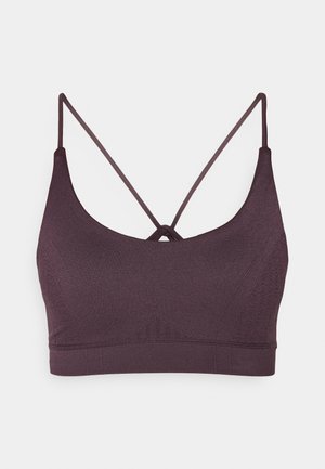 Temno vijolična braletka iz gladkega materiala z nastavljivimi tankimi naramnicami in križnim hrbtnim dizajnom, ki se ponaša z brezšivnim zaključkom.