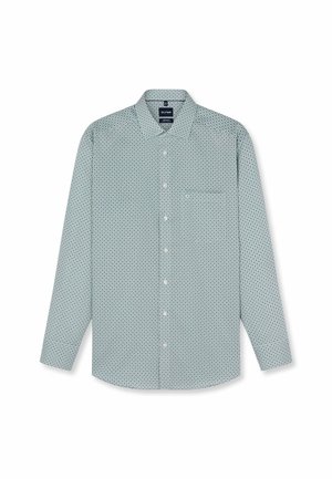 Langärmeliges Hemd zum Knöpfen mit hellblauem Grund und kleinem dunklem geometrischen Muster, mit klassischem Kragen und Brusttasche.