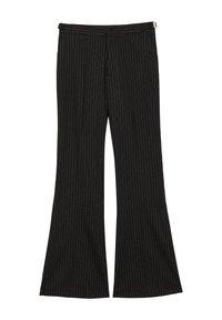 Pantaloni neri a palazzo con strisce metalliche verticali, dotati di una vita piatta e una texture liscia. Adatti per contesti formali.