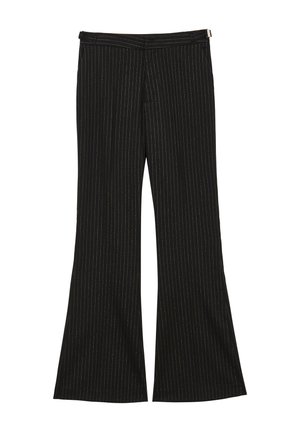 Pantaloni neri a palazzo con strisce metalliche verticali, dotati di una vita piatta e una texture liscia. Adatti per contesti formali.