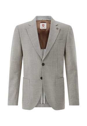 Grauer karierter Herrenblazer mit zwei Knöpfen, zwei Vordertaschen und braunem Innenfutter.