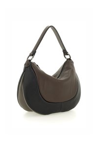Borsa hobo realizzata in pelle texturizzata di colore marrone scuro e nero, con una silhouette curvata e una singola tracolla regolabile.