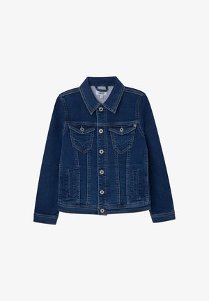 Tmavě modrá džínová bunda s předními knoflíky, dvěma náprsními kapsami s klopami, bočními šikmými kapsami, složeným límcem a stehovým zdobením.