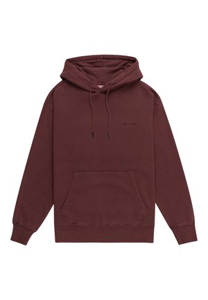 Bordeaux hoodie gemaakt van zachte stof, met een voorzak, verstelbare trekkoordcapuchon en een logo gedrukt op de borst.