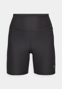Schwarze Sportshorts aus Stretchstoff. Hoher Bund, figurbetontes Design, mit flachen Nähten und kleinem Logo an der Seite.