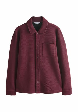 Dark red textured button-up jacket with a pointed collar and a single chest pocket, displayed against a white background.