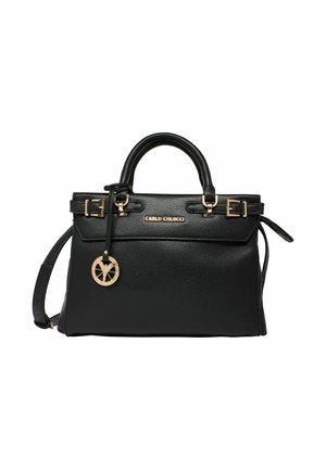 Sort læder håndtaske med tekstureret overflade, hardware i gyldent metal, top håndtag og en aftagelig rem. Har en dekorativ charm.