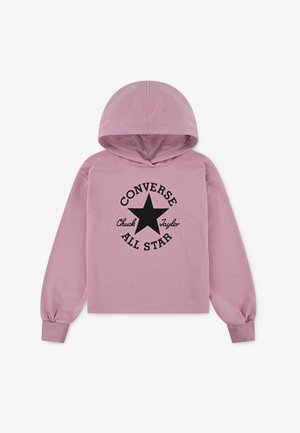 Felpa con cappuccio rosa in cotone, caratterizzata da un logo a stella nera con il testo "Converse Chuck Taylor All Star" in un design circolare.