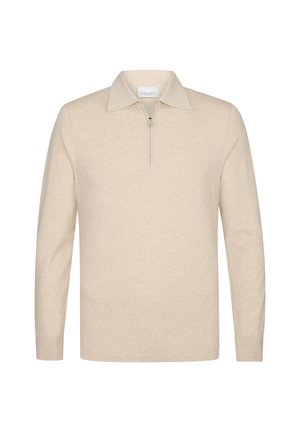 Beige ritsneck sweater van zacht materiaal met lange mouwen, een klassieke kraag en een minimalistisch ontwerp.