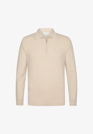 Beige Zip-Kragen-Pullover aus weichem Material mit langen Ärmeln, einem klassischen Kragen und einem minimalistischen Design.