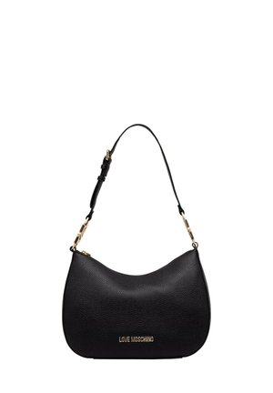 Borsa a tracolla in pelle nera texturizzata con dettaglio catena dorata e logo dorato "LOVE MOSCHINO" sul davanti.