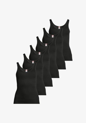 Six débardeurs noirs sans manches empilés en diagonale, design uni avec encolure dégagée et étiquettes de taille visibles à l'intérieur du col.