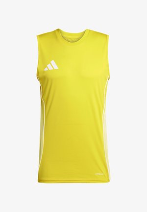 Yellow sleeveless athletic shirt with a round neckline, white accents, and a logo, made from lightweight, moisture-wicking fabric.
