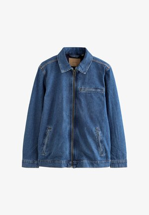 Modrá džínová bunda s předním zipem, límcem a dvěma bočními kapsami. Obsahuje náprsní kapsu a kontrastní švy, strukturovaná tkanina.
